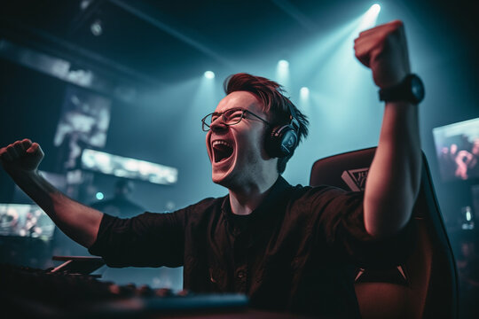 A close-up of a professional gamer's ecstatic expression as they raise their arms in victory Generative AI