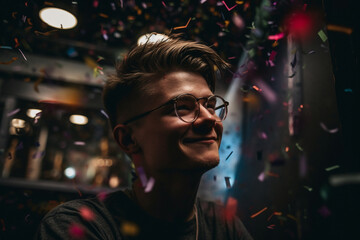 A portrait capturing the exhilaration on a professional gamer's face as they spray celebratory confetti all around Generative AI