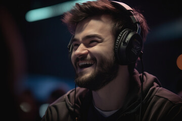A close-up of a professional gamer's determined expression turning into a beaming smile as they celebrate a win Generative AI