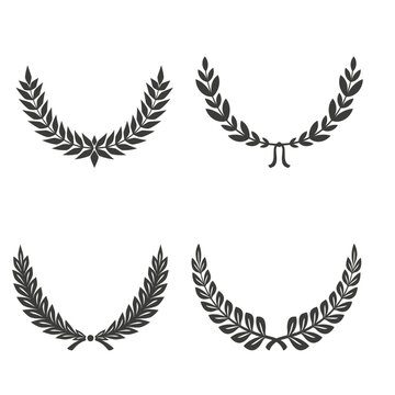 Gold laurel legend, winner award set vector illustration. Golden branch of olive leaves or stars of victory symbol, badge emblem decoration design, triumphant honor award isolated on white