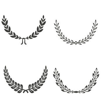 Gold laurel legend, winner award set vector illustration. Golden branch of olive leaves or stars of victory symbol, badge emblem decoration design, triumphant honor award isolated on white