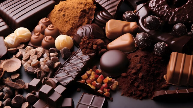 Various types and shapes of chocolate wallpaper background. AI generated