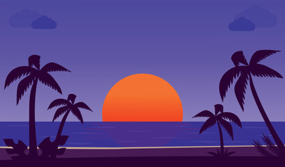 Naklejka premium Sunset summer tropical beach with palm, trees and sea. Vector illustration.