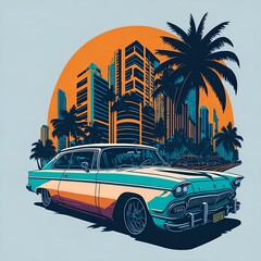 American Retro Car in Miami as T-Shirt design - obrazy, fototapety, plakaty