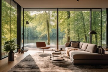 a modern living room with a large window looking out to a river and woods generative AI