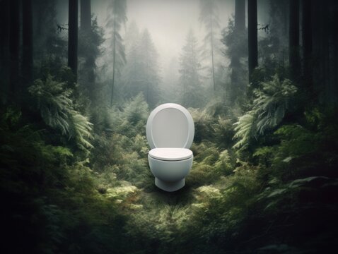 A white toilet sitting in the middle of a forest. Generative AI image.