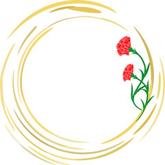 Red carnations cover circle golden frame. Watercolor illustration for Mother's Day, Victory Day, and greeting cards. Copy space