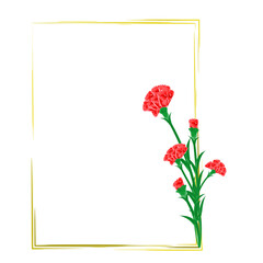 Red carnations cover a vertical golden frame. Watercolor illustration for Mother's Day, Victory Day, and greeting cards. Copy space. Vector illustration. Isolated on white background