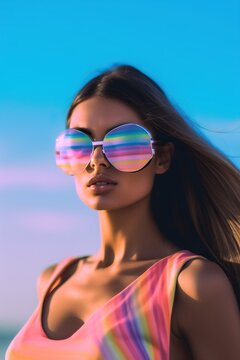 Beautiful brunette woman female girl model with futuristic hat posing on the beach with blue sky background. Summer time vacaion relax mode. Rainbow lgbt gay. LA pastel 60s. Generated AI..