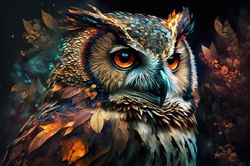 Rolgordijnen Image of colorful owl on dark background. Wildlife Animals. Bird. Illustration. Generative AI. © yod67
