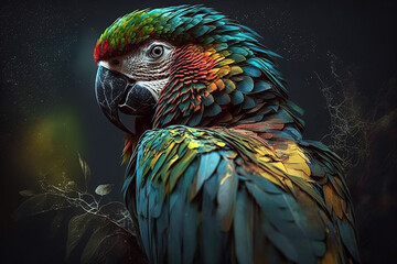 Image of colorful parrot. Pet. Animal. Bird. Illustration. Generative AI.