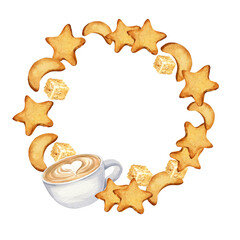 watercolor round border with cup of coffee, cookies, biscuit. hand drawn illustration of cappuccino, frame, wreath of coffee theme isolated on white background