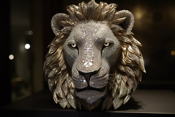 A lion's face jewelry set with diamonds on a dark background. Wildlife animals. Illustration. Generative AI.