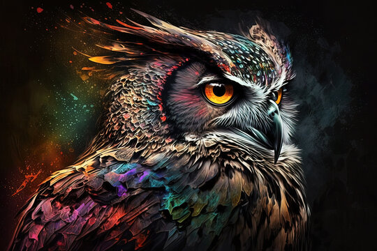 Image of colorful owl on dark background. Wildlife Animals. Bird. Illustration. Generative AI. © yod67