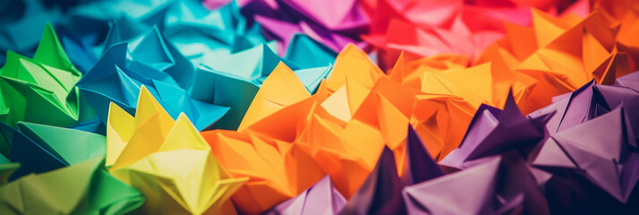 Colorful origami paper as abstract wallpaper background, banner, generative AI