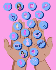 Vector isolated illustration of fertility icons on palms. Women's health. Menstruation. Pregnancy. Conception. Feminine hygiene. Heredity. Fertility center.