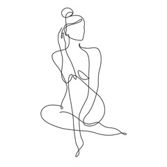 Trendy Line Art Woman Body. Minimalistic Black Lines Drawing. Female Figure Continuous One Line Abstract Drawing. Modern Scandinavian Design. Naked Body Art. Vector Illustration. 