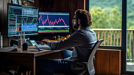 thoughtful bearded young businessman sitting and working with graph and charts on computer Generative AI - obrazy, fototapety, plakaty