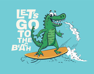 Crocodile surf on big wave cool summer t-shirt print. African animal ride surfboard - 610672422