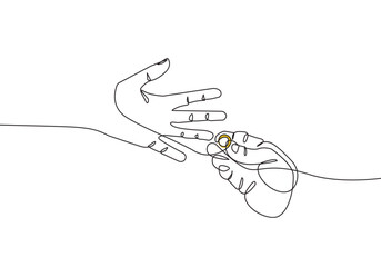 Continuous Line Drawing of Hands with Wedding Ring Trendy Minimalist Illustration. Wedding or Engagement Symbol One Line Abstract Concept. Hands Couple Minimalist Contour Drawing. Vector EPS 10. 