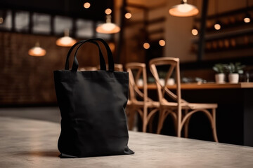 Obraz premium Linen bag shopper in cafe with copy space. Photorealistic illustration generative AI.