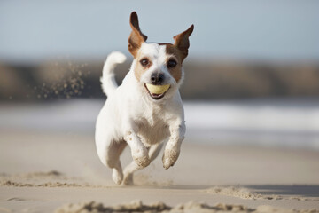 Jack Russell Terrier puppy runs along the beach and catches the ball. Photorealistic illustration generative AI.