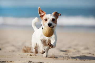 Fototapeta premium Jack Russell Terrier puppy runs along the beach and catches the ball. Photorealistic illustration generative AI.