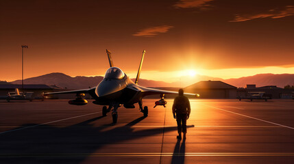 Fototapeta na wymiar military fighter jet pilot beside parked military air force plane Generative AI