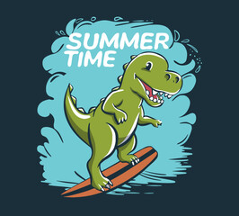 Obraz premium Cute dinosaur surf on big wave cool summer t-shirt print. T-rex ride surfboard.