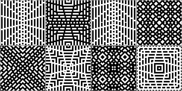 Checks, squares, rectangles, strokes, crosses seamless patterns collection. Geometrical ethnic ornaments set. Tribal backgrounds kit. Folk prints. Patchwork motif. Abstract images. Vectors bundle