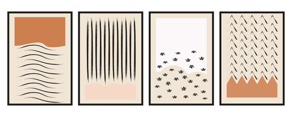 Vector flat posters. Minimalist illustrations with geometric shapes and pastel tones. Vintage style. Design for wall decoration, card, poster or brochure.