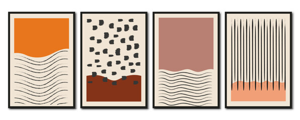 Vector flat posters. Minimalist illustrations with geometric shapes and pastel tones. Vintage style. Design for wall decoration, card, poster or brochure.