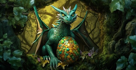 A beautiful green dragon with scales made out of lea, Generative AI.	 - obrazy, fototapety, plakaty