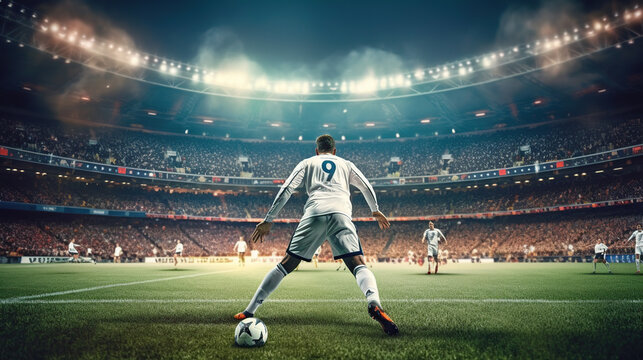 Professional Football Or Soccer Player In Action On Stadium Generative AI