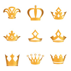 Golden crown icon set. Collection of crown awards for winners, champions, leaders. Vector isolated elements for logo, label, game, hotel, an app design. Royal king, queen, princess crown.
