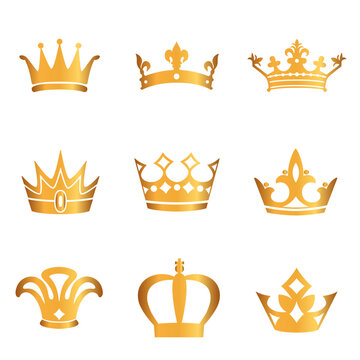 Golden crown icon set. Collection of crown awards for winners, champions, leaders. Vector isolated elements for logo, label, game, hotel, an app design. Royal king, queen, princess crown.