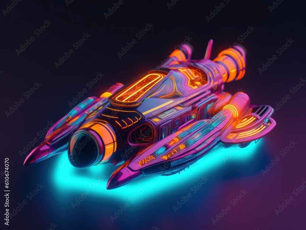 Poster a futuristic spaceship with neon lights on a dark background. generative ai image.