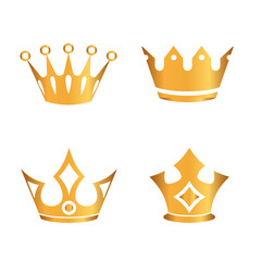 Golden crown icon set. Collection of crown awards for winners, champions, leaders. Vector isolated elements for logo, label, game, hotel, an app design. Royal king, queen, princess crown.