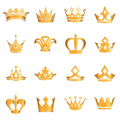 Golden crown icon set. Collection of crown awards for winners, champions, leaders. Vector isolated elements for logo, label, game, hotel, an app design. Royal king, queen, princess crown.