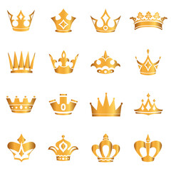 Golden crown icon set. Collection of crown awards for winners, champions, leaders. Vector isolated elements for logo, label, game, hotel, an app design. Royal king, queen, princess crown.