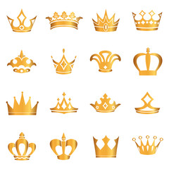 Golden crown icon set. Collection of crown awards for winners, champions, leaders. Vector isolated elements for logo, label, game, hotel, an app design. Royal king, queen, princess crown.