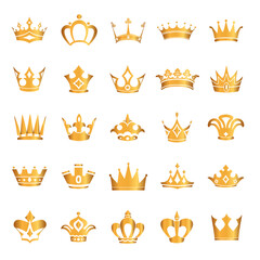 Golden crown icon set. Collection of crown awards for winners, champions, leaders. Vector isolated elements for logo, label, game, hotel, an app design. Royal king, queen, princess crown. © HHO