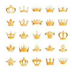 Golden crown icon set. Collection of crown awards for winners, champions, leaders. Vector isolated elements for logo, label, game, hotel, an app design. Royal king, queen, princess crown.