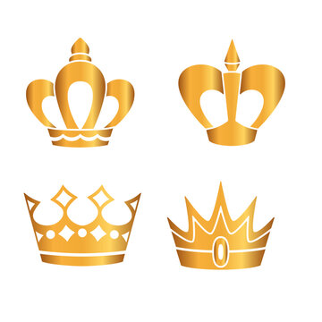 Golden crown icon set. Collection of crown awards for winners, champions, leaders. Vector isolated elements for logo, label, game, hotel, an app design. Royal king, queen, princess crown.