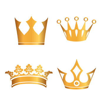 Golden crown icon set. Collection of crown awards for winners, champions, leaders. Vector isolated elements for logo, label, game, hotel, an app design. Royal king, queen, princess crown.