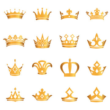 Golden crown icon set. Collection of crown awards for winners, champions, leaders. Vector isolated elements for logo, label, game, hotel, an app design. Royal king, queen, princess crown.