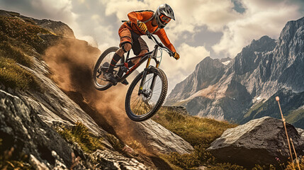 Naklejka na ściany i meble Man high jump on a mountain bike. Downhill cycling. Generative AI