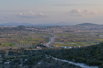 scenic view of Alacati at sunrise from local hills (Cesme, Izmir province, Turkiye)