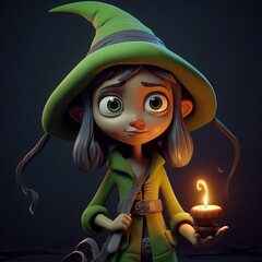 Whimsical Green Witch Cartoon Character Casting Laughter Spells