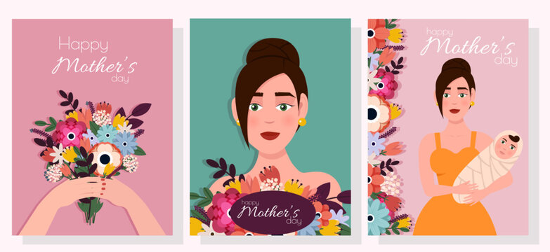 Happy Mother's Day. Mothers Day greeting cards set with text. Mom holiday postcards designs, backgrounds with spring flower bouquet, cute children, kids.